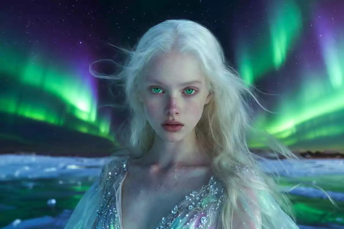 White-haired, green-eyed woman in a sparkling dress posing in front of the northern lights in a snowy landscape