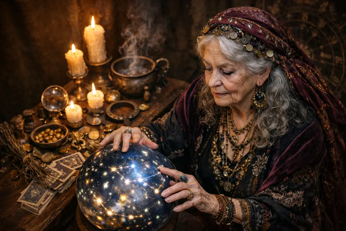 Elderly seer with bohemian clothing and jewelry holding a glowing sphere with constellations over a table full of lit candles, cards, and esoteric objects