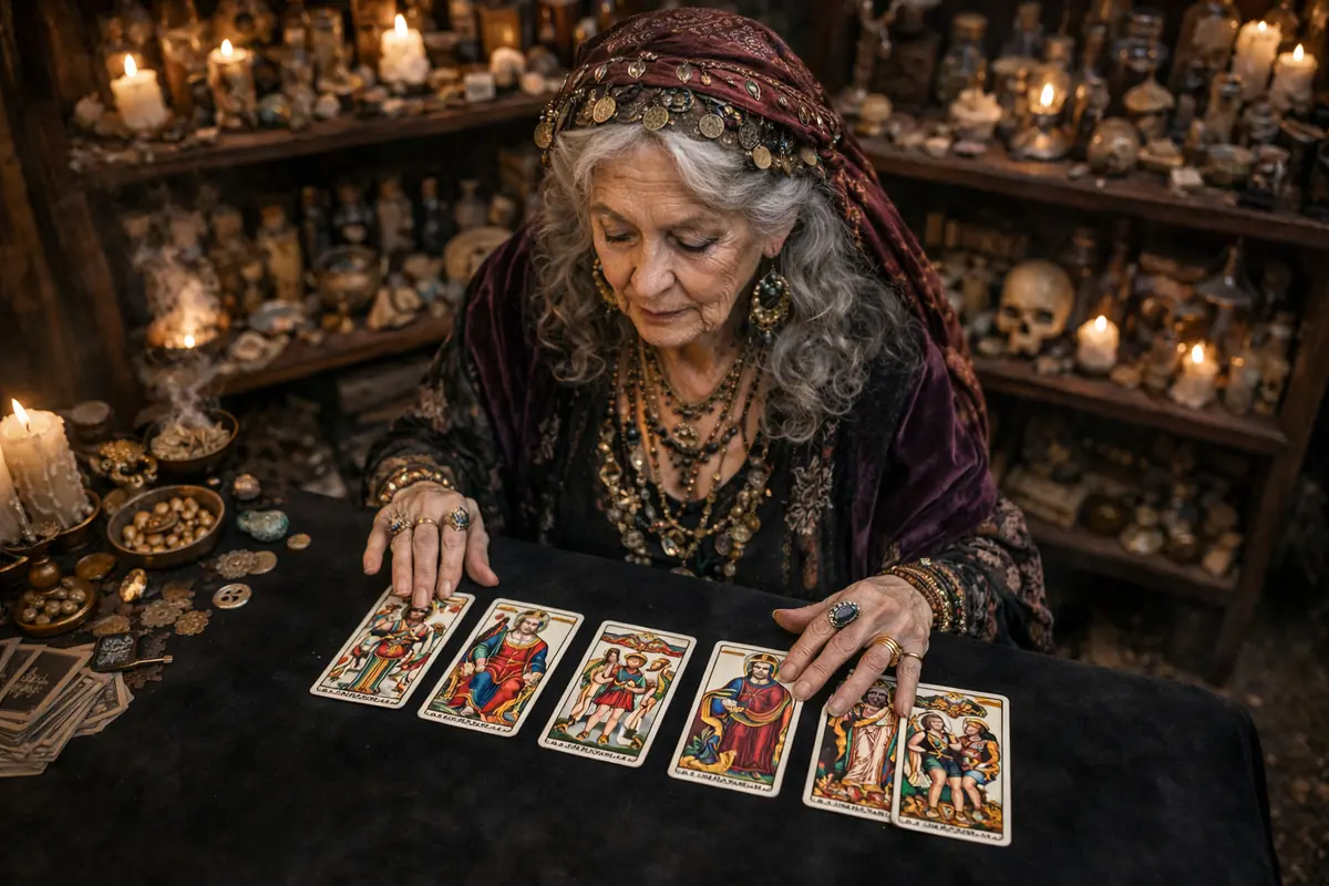 Elderly woman in esoteric clothing reading tarot cards at a table surrounded by lit candles and mystical objects