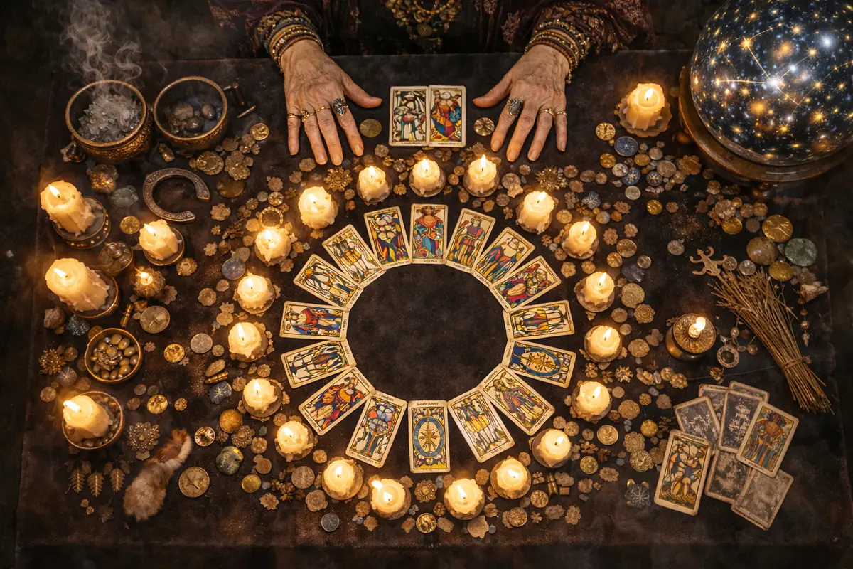 Esoteric table seen from above with an elderly person reading tarot cards surrounded by lit candles, coins, amulets, and an illuminated celestial sphere