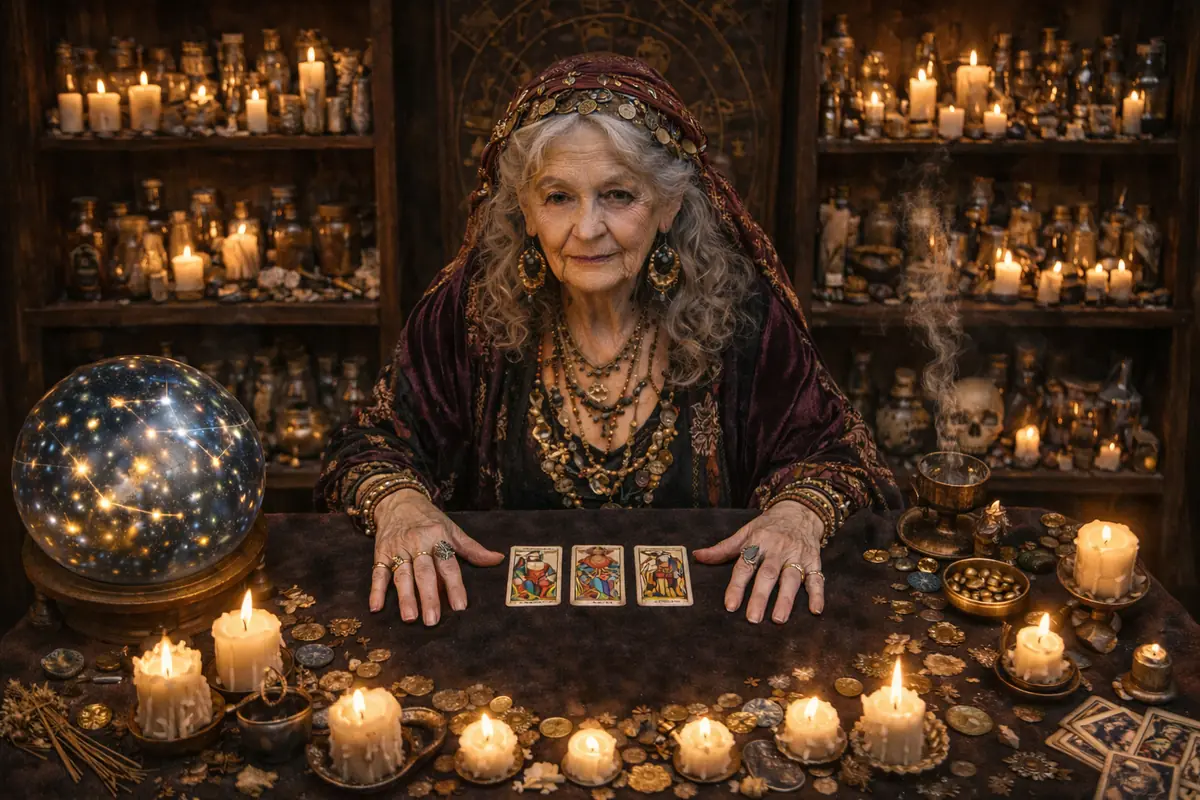Elderly seer in bohemian clothing reading three tarot cards at a table full of lit candles, coins, and a large glowing crystal ball in a dark, mystical setting