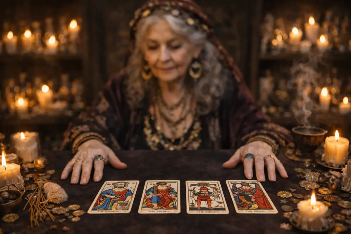 Elderly woman dressed in esoteric clothing reading four tarot cards on a table surrounded by lit candles and mystical objects