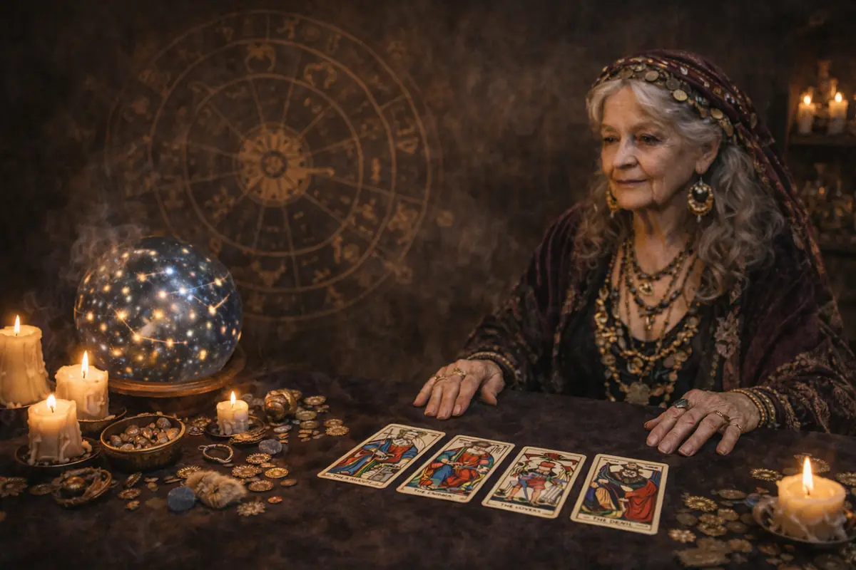 Older woman dressed as a fortune teller reading tarot cards at a table with lit candles, coins, and a glowing orb in front of a background with zodiac symbols