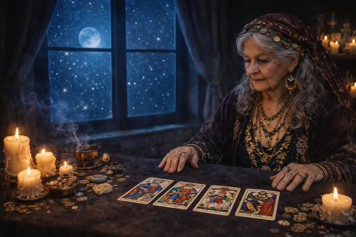 Older woman dressed in esoteric clothing and jewelry reading tarot cards at a table lit by candles in front of a nighttime window with a full moon and starry sky