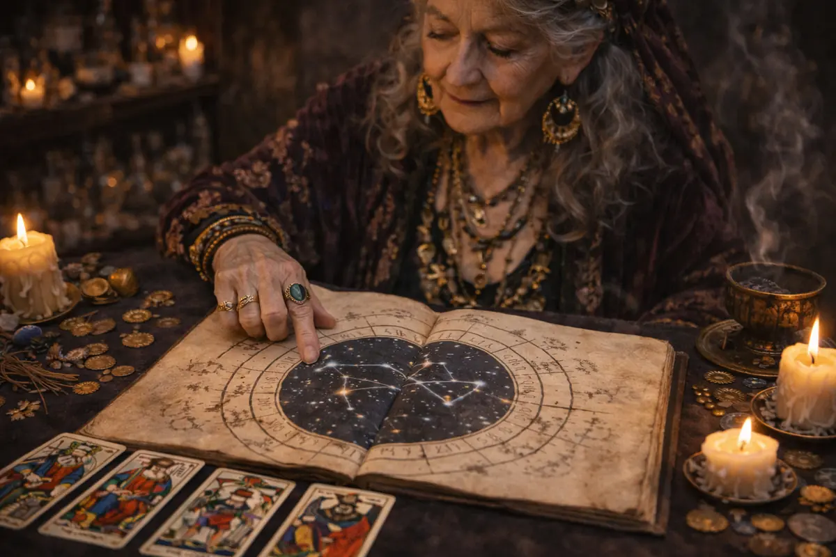 Elderly seer with jewelry and bohemian clothing consults an ancient astrology book illuminated by candles, with tarot cards and coins on the table.