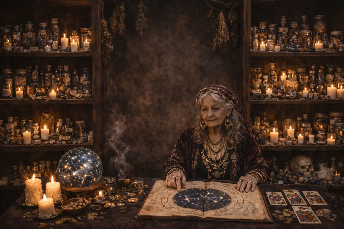Elderly fortune teller dressed in bohemian clothes consults a large astrology book at a table full of candles, coins, tarot cards, and a glowing orb, surrounded by shelves with jars and mystical objects