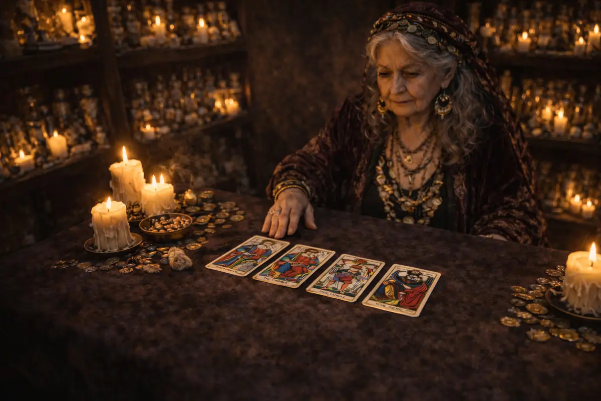 Older woman dressed in esoteric clothing and jewelry reading tarot cards at a table lit by candles and surrounded by coins and antique bottles