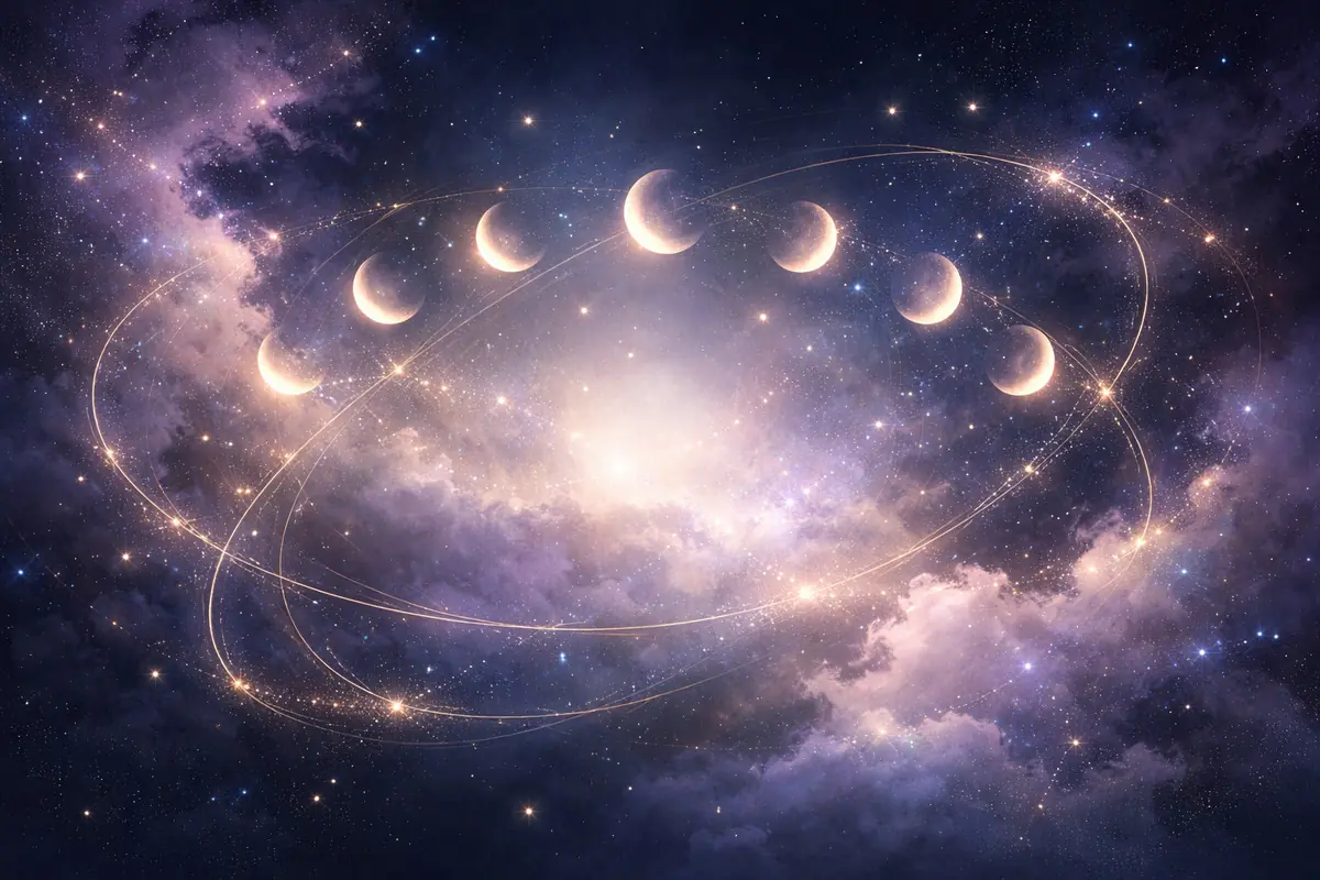 Illustration of a cosmic sky with multiple moon phases aligned above clouds and bright stars