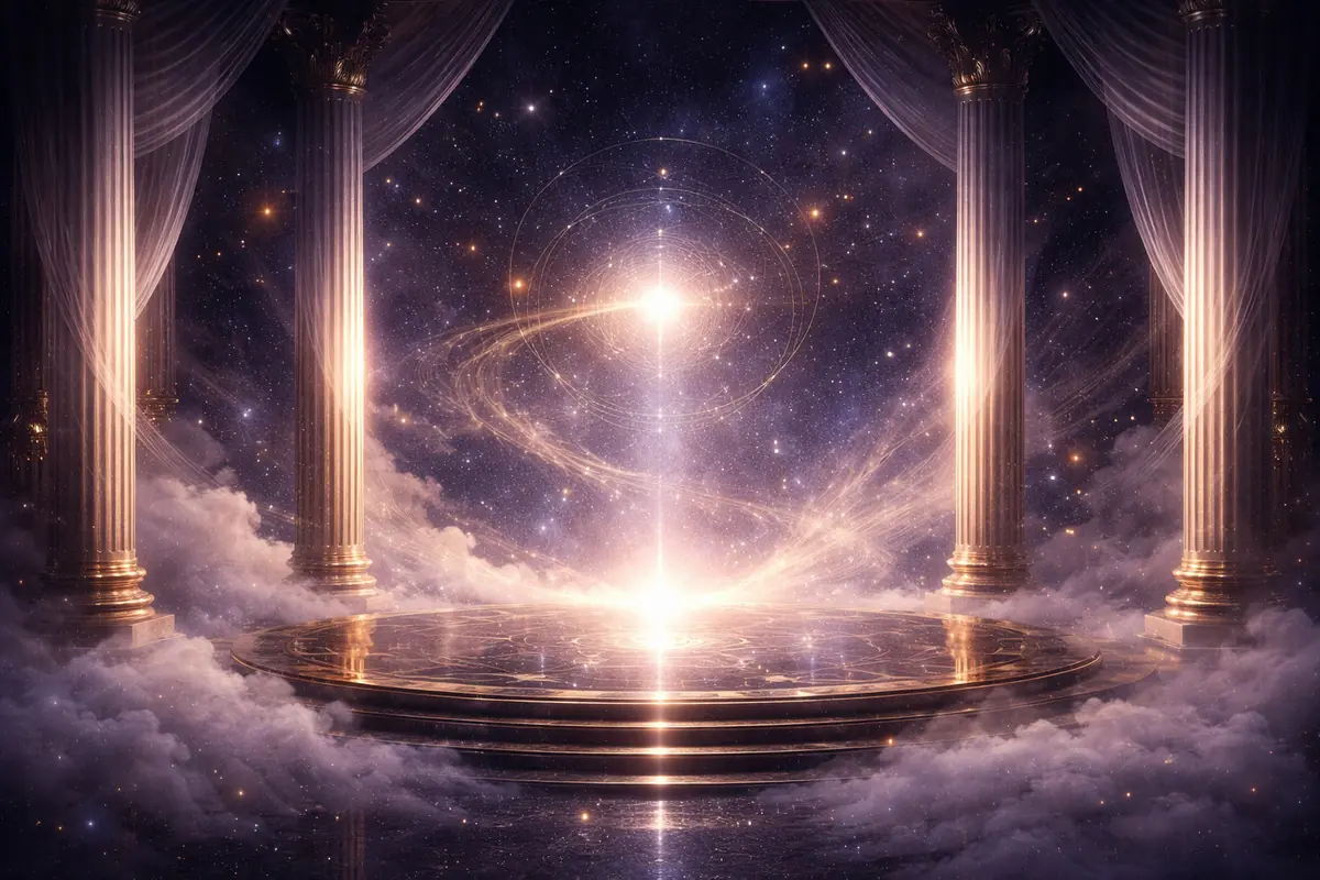 Heavenly temple with golden columns surrounding a glowing circular platform among clouds and a cosmic radiance in the starry sky