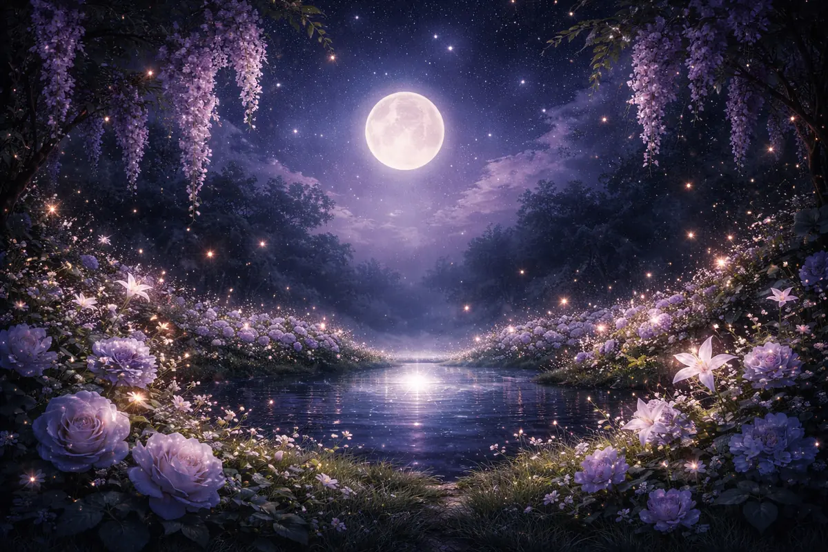 Fantasy nighttime landscape with a full moon reflected in a lake surrounded by glowing purple flowers and magical lights among the trees