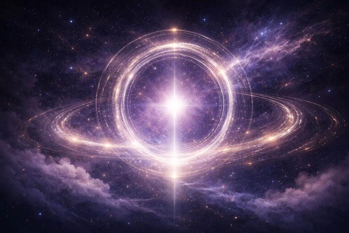 Illustration of a glowing cosmic portal with rings of golden light in the middle of starry space