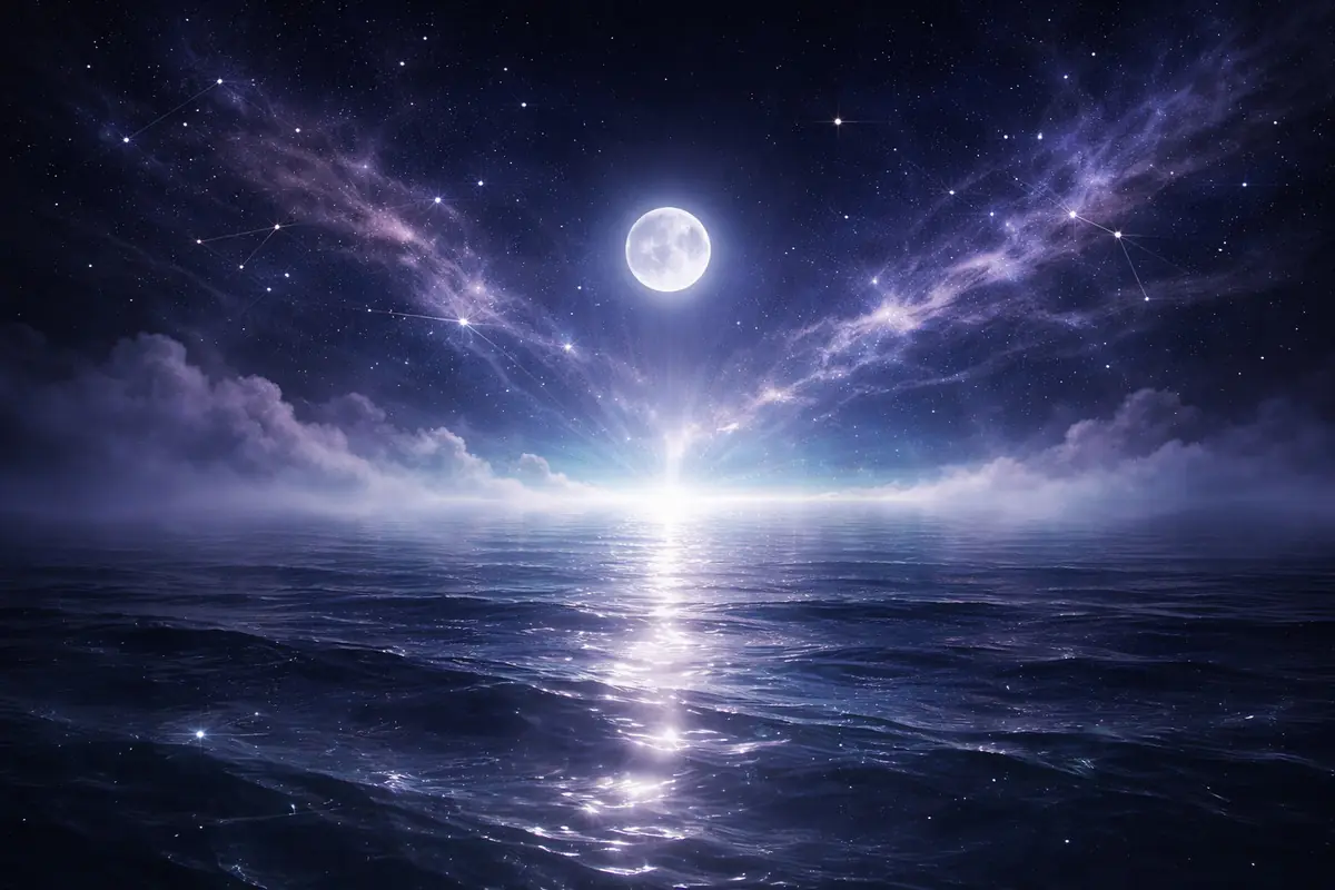 Night landscape with a full moon reflected on a calm ocean under a starry sky and clouds illuminated by a mystical glow