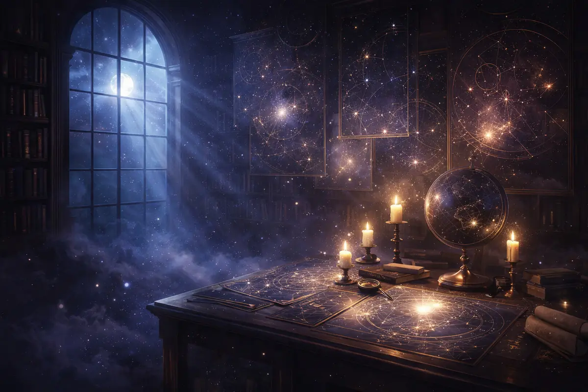 Astronomical study desk lit by candles with star maps and a celestial globe next to a large nighttime window through which moonlight enters