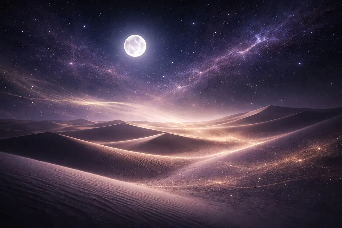 Desert dune landscape illuminated by the light of the full moon under a starry sky and bright nebulas