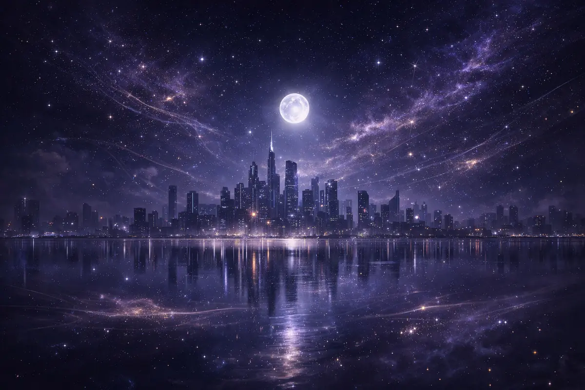 Futuristic city illuminated under a full moon with a starry sky reflected in a lake