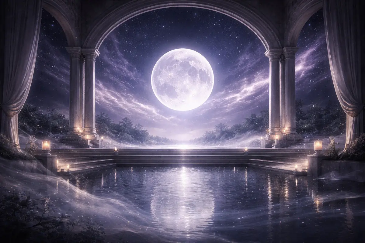 Fantastic scene of an open temple facing a calm lake illuminated by a giant, bright full moon in a starry sky, with lit candles around the water