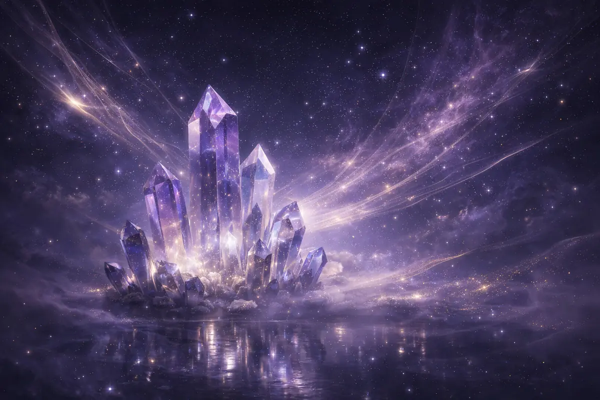 Giant purple crystals emerging from a reflective surface in a cosmic landscape filled with stars and glowing nebulae