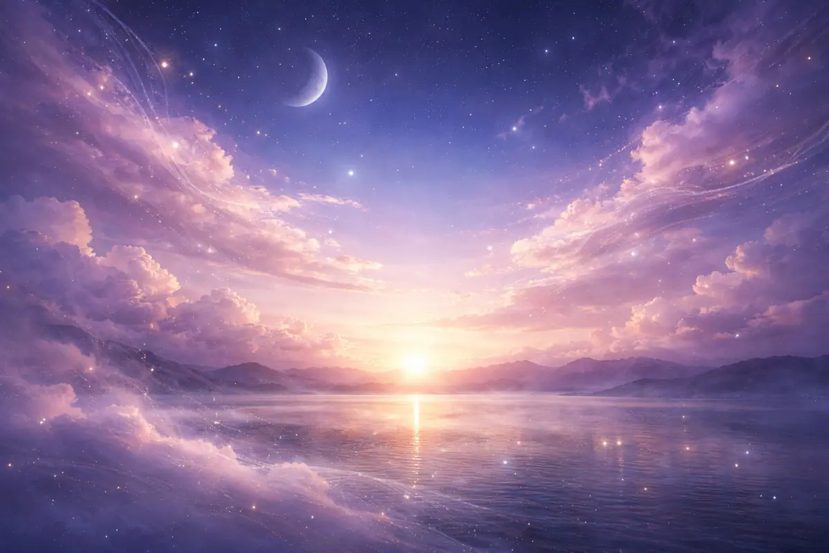 Dreamlike sunrise landscape over a calm sea with mountains in the background, a violet and pink sky filled with soft clouds, bright stars, and a crescent moon
