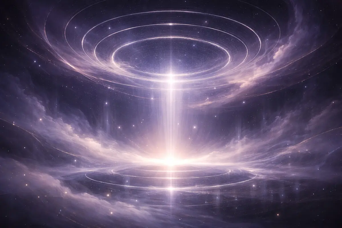 Illustration of a glowing cosmic portal with concentric rings of light among clouds and stars in space