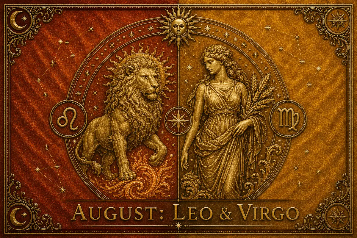 Golden, detailed illustration of the month of August with a lion representing Leo and a woman with ears of wheat representing Virgo, surrounded by stars, zodiac symbols, and astral ornaments on a red and gold background