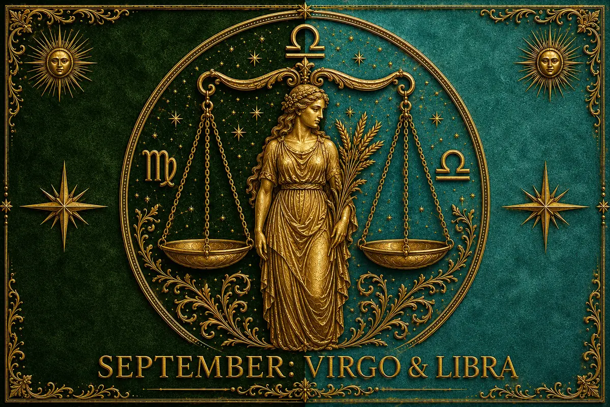 Golden classic-style illustration showing a woman holding ears of grain at the center of a scale, surrounded by Virgo and Libra symbols, decorative stars and suns, and the text SEPTEMBER VIRGO & LIBRA on a green and turquoise background