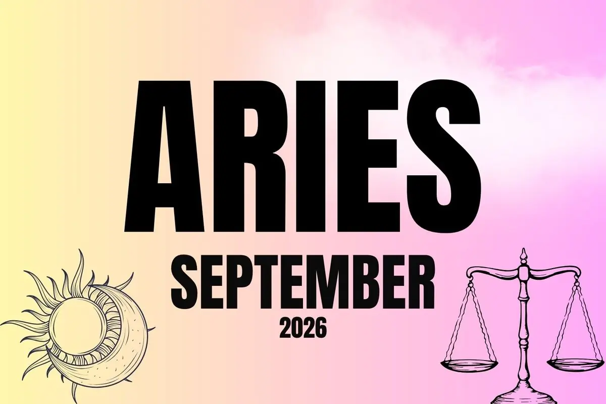 Illustration with the text ARIES SEPTEMBER 2026 on a pastel gradient background, featuring a drawing of the sun and moon on the left and a scale on the right