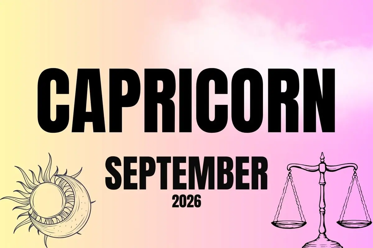 Capricorn horoscope illustration for September 2026 with a pastel gradient background and drawings of a sun with a moon on the left and a scale on the right
