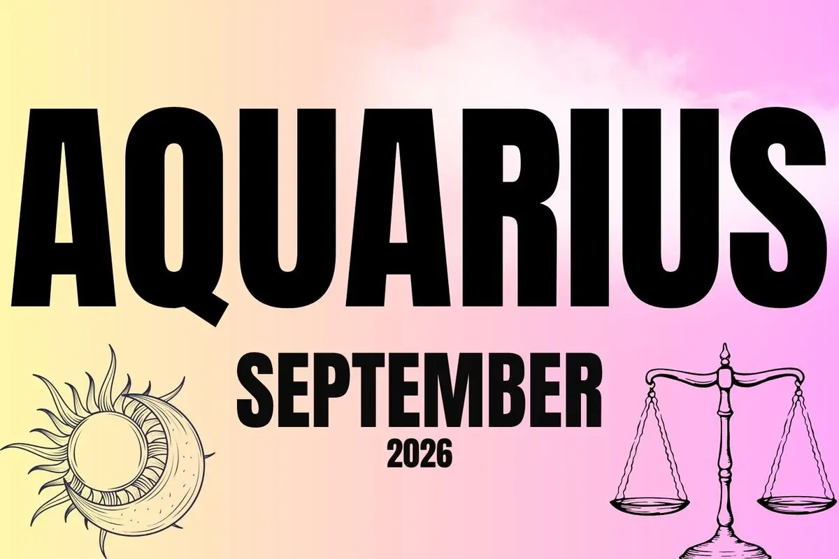 Horoscope cover for Aquarius for September 2026 with a pink and yellow gradient background, illustrations of the sun and moon on the left, and a scale on the right