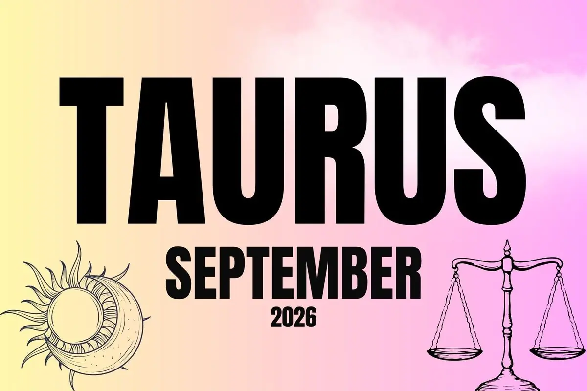 Taurus horoscope poster September 2026 with a pastel gradient background and drawings of a sun with a moon and a scale