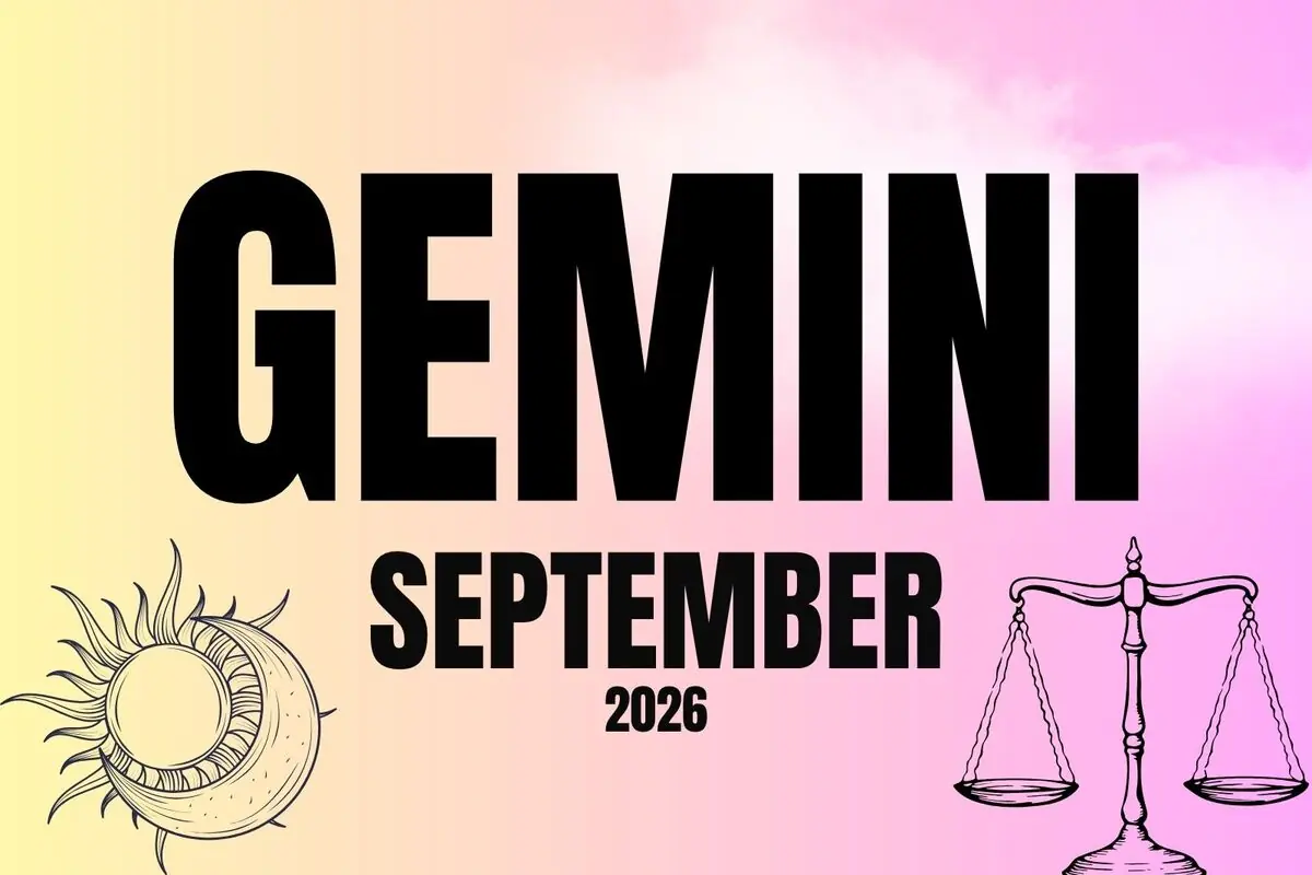 Illustration with a pastel gradient background showing the text GEMINI SEPTEMBER 2026, accompanied by a sun and moon on the left and a scale on the right