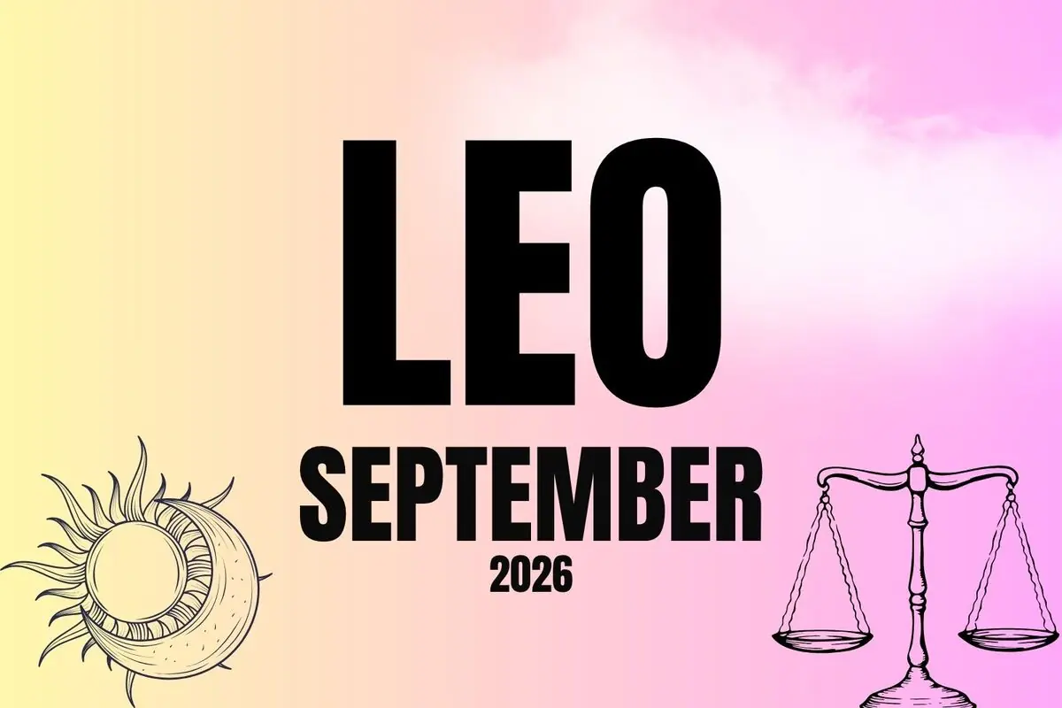 Horoscope illustration for Leo in September 2026 with a pastel gradient background and drawings of a sun and a scale