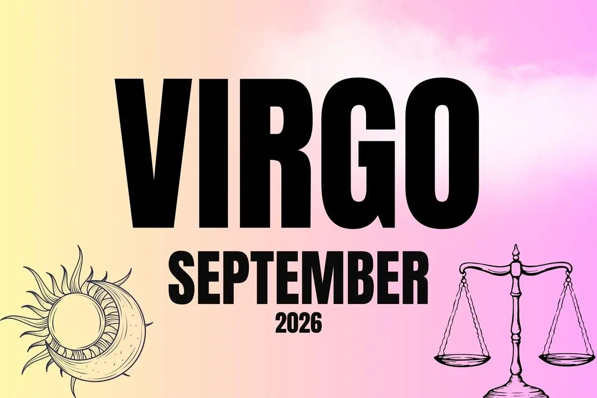 Virgo horoscope poster September 2026 with a pastel gradient background and drawings of the sun, moon, and scales
