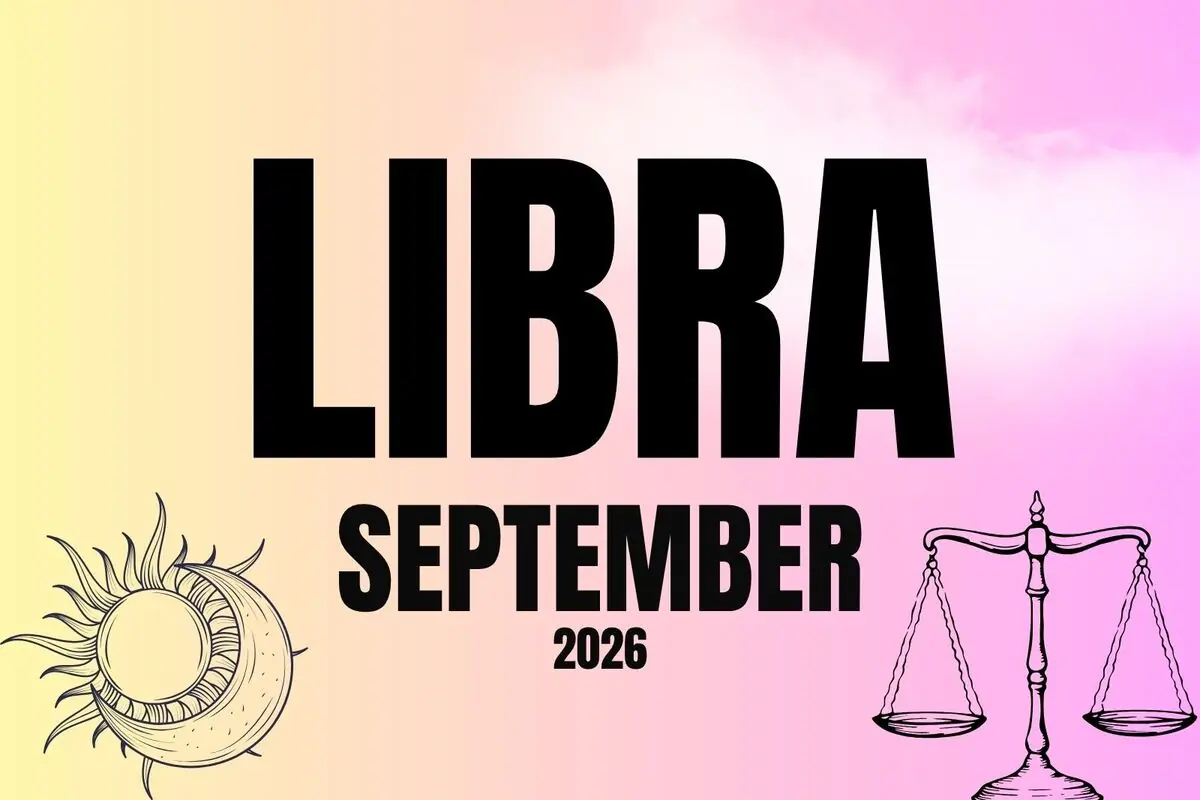 Illustration with a pastel gradient background showing the text LIBRA SEPTEMBER 2026, accompanied by a sun and moon on the left and a scale on the right