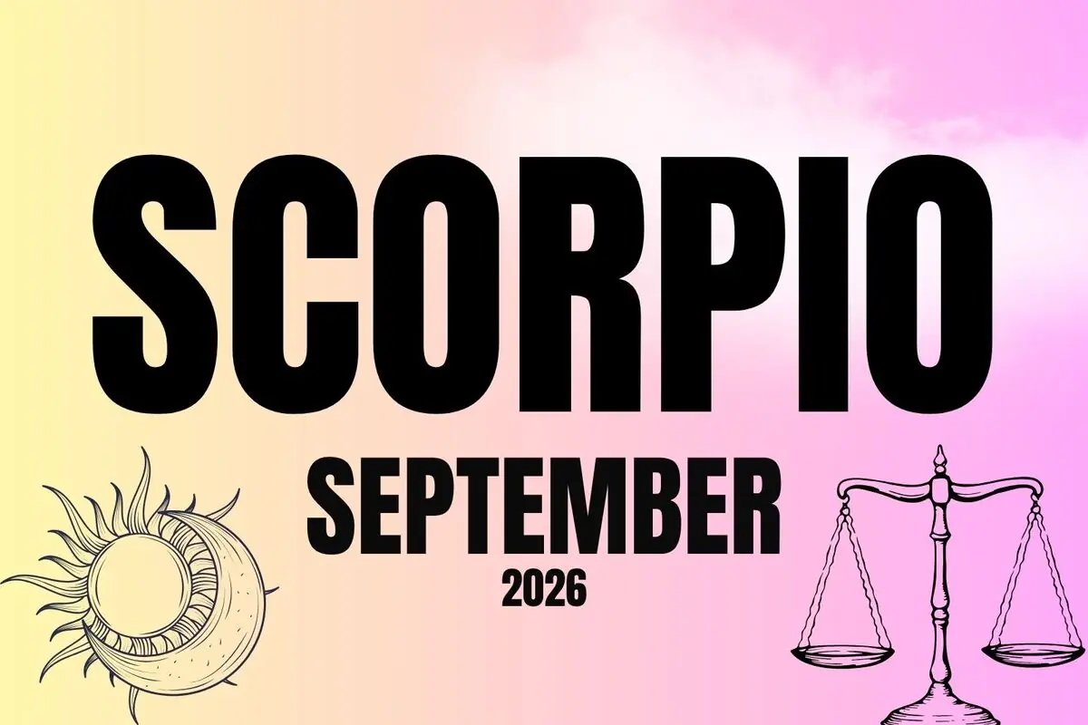 Scorpio horoscope poster for September 2026 with a pastel gradient background, sun and moon on the left, and a scale on the right