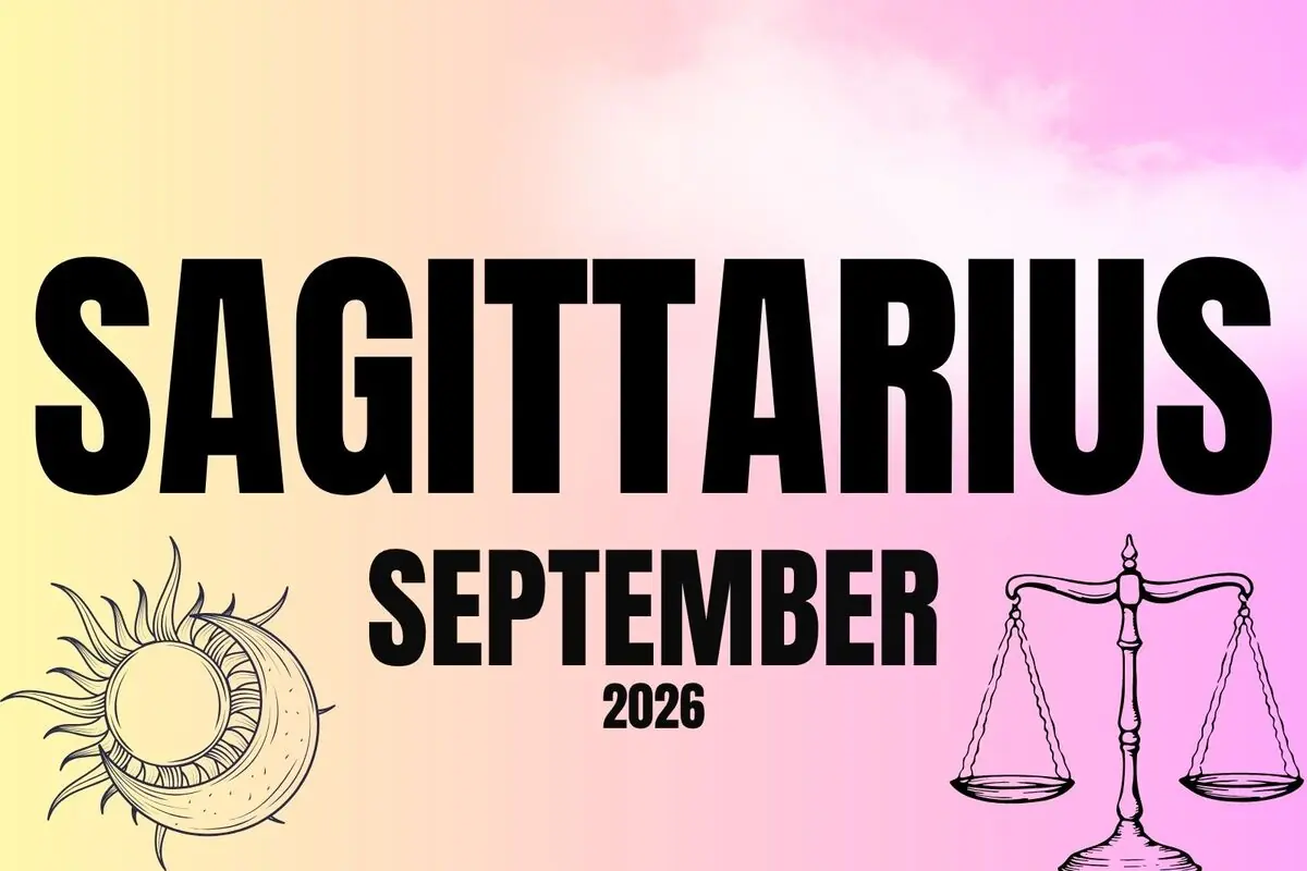 Sagittarius horoscope poster September 2026 with pastel gradient background and drawings of a sun with a moon and a scale