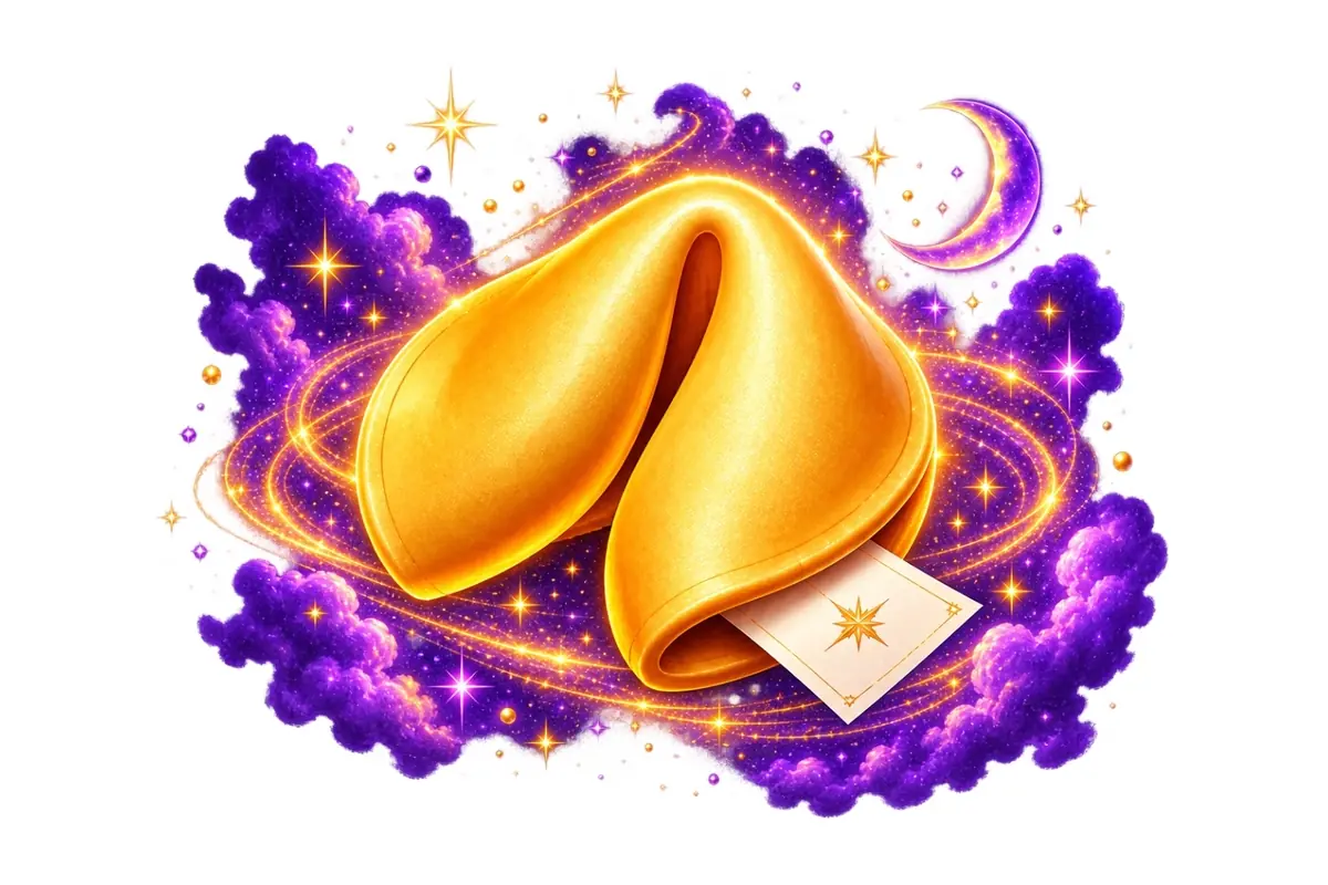 Golden fortune cookie with a message coming out between purple clouds, shining stars, and a crescent moon on a magical background