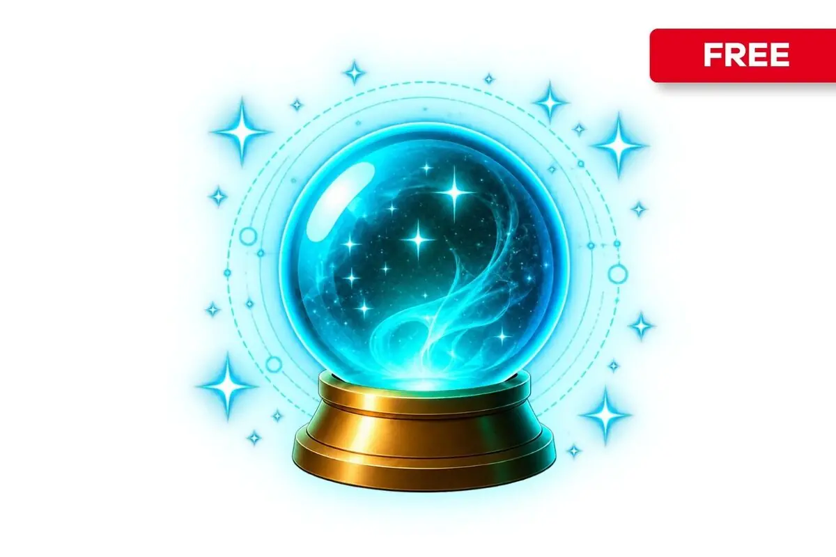 Illustration of a glowing blue crystal ball on a golden base with magical sparkles and a red label with the word FREE in the top right corner