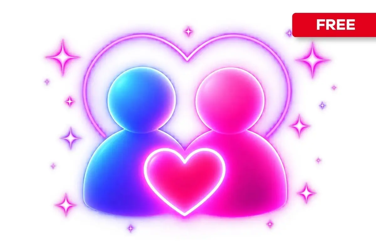 Neon illustration of two blue and pink human figures with hearts and sparkles representing love and romantic connection