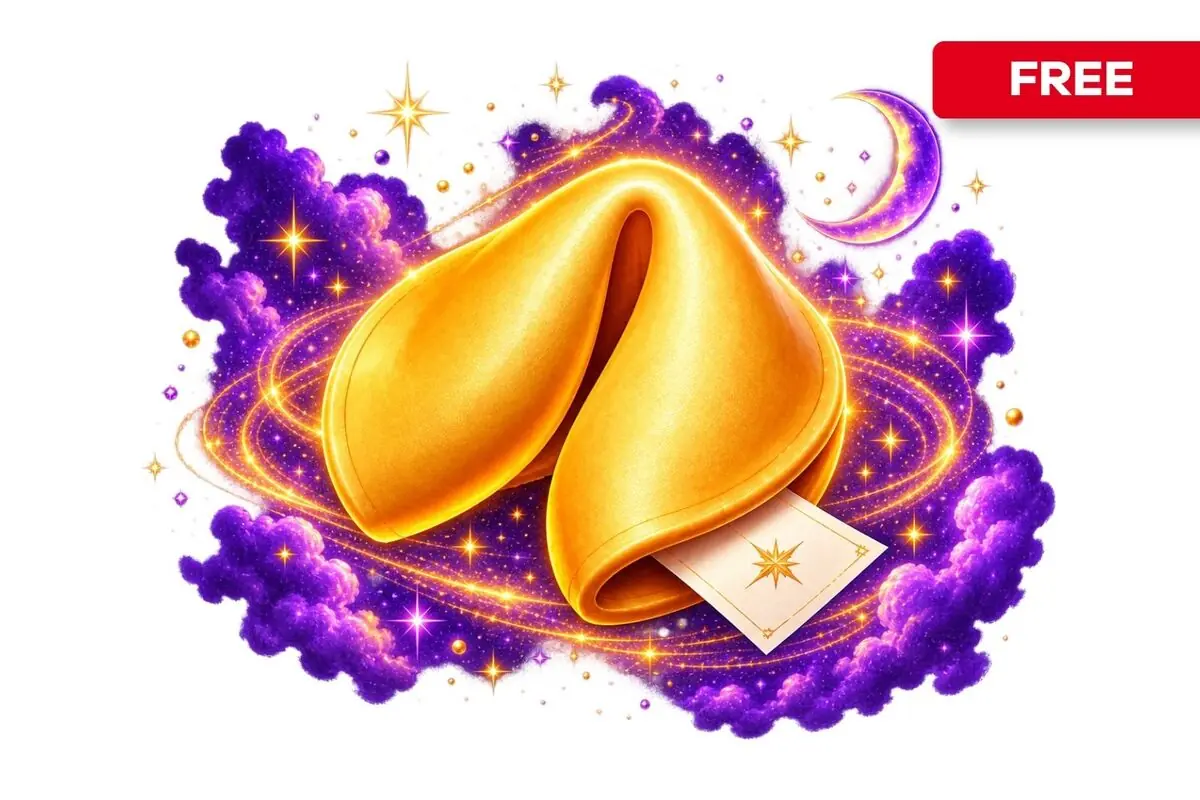 Golden fortune cookie with a message on a background of purple clouds, stars, and a crescent moon in a magical style