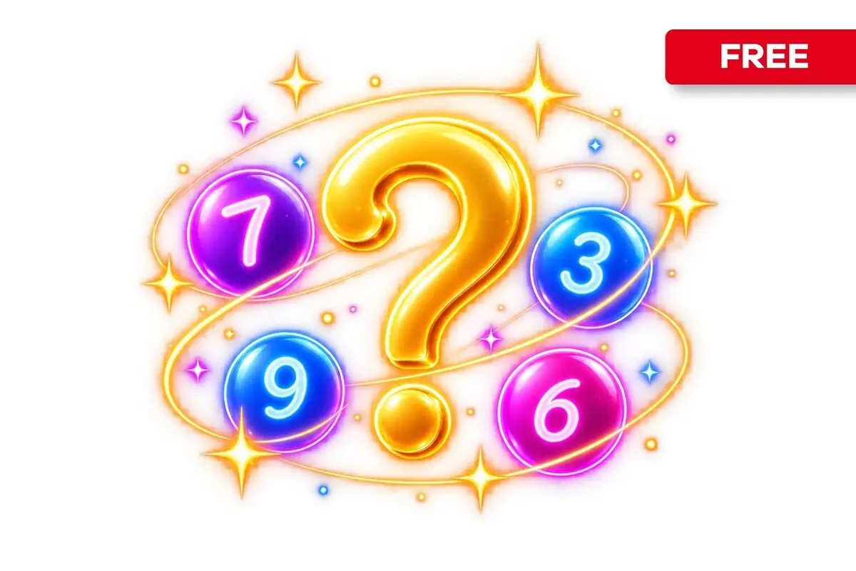 Colorful illustration of a golden question mark surrounded by shiny spheres with the numbers 7, 3, 9, and 6 and light sparkles, with a red label that says FREE in the top right corner
