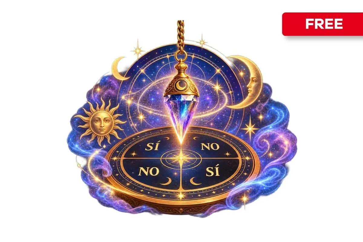 Illustration of an esoteric pendulum over a circular board with yes and no answers, surrounded by the sun, moon, and stars on a blue and gold galaxy background