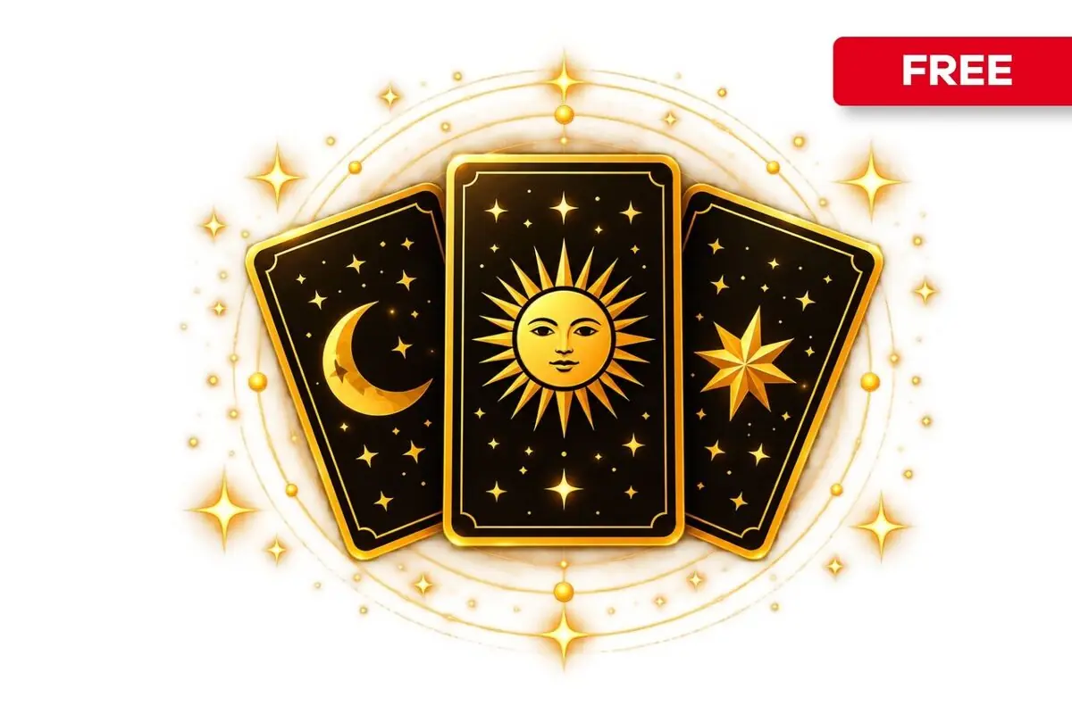 Illustration of three black tarot cards with gold borders showing a moon, a sun, and a star surrounded by sparkles and circles of golden light on a white background, with a red label that says FREE in the top right corner