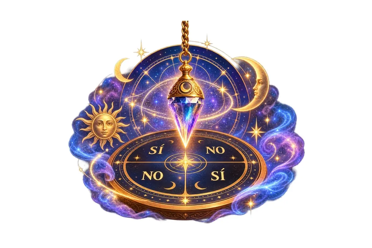 Circular esoteric board with a crystal pendulum suspended over the words yes and no, surrounded by the sun, moon, and stars on a blue and golden galaxy background