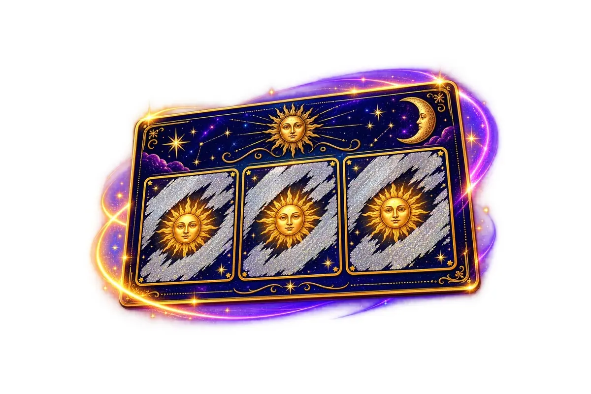 Illustration of tarot cards with golden suns and a starry background in purple and gold tones