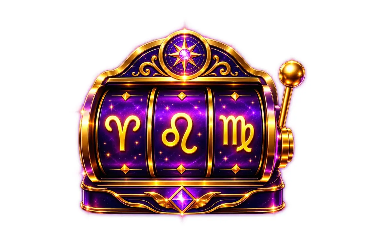 Golden and purple slot machine with symbols of the zodiac signs Aries, Leo, and Virgo