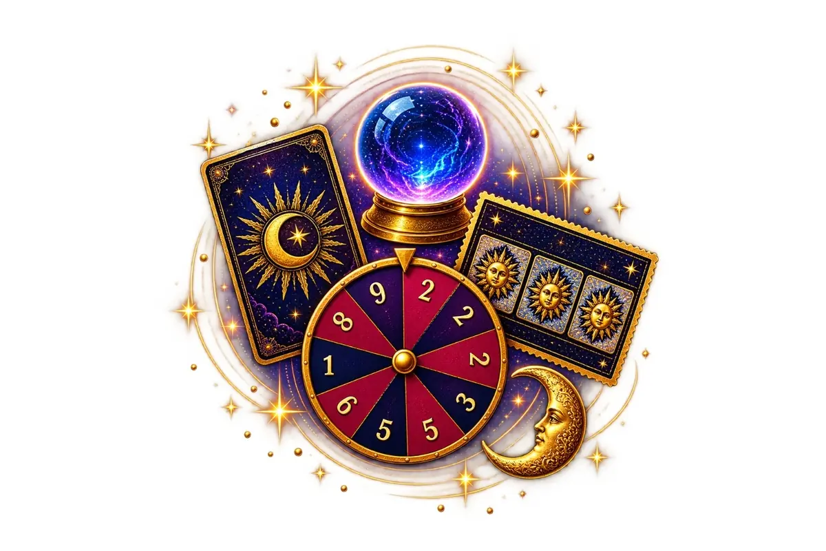 Colorful illustration of esoteric elements with a crystal ball, tarot cards, a numbered wheel, and a golden moon surrounded by shining stars