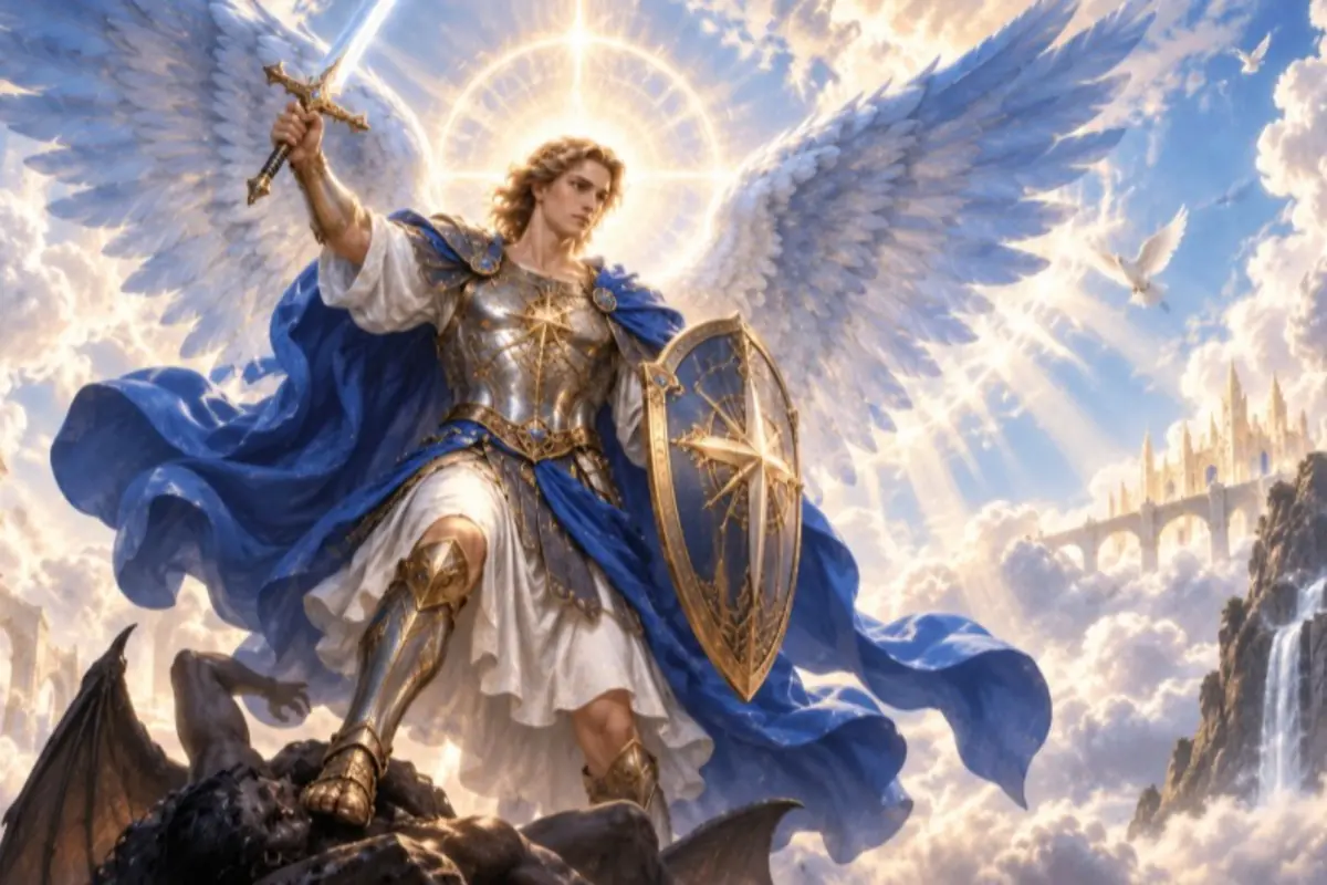 Winged warrior angel in golden armor and a blue cape holding a glowing sword and shield while defeating a dark creature against a sky full of clouds and heavenly light Winged warrior angel in golden armor and a blue cape holding a glowing sword and shield while defeating a dark creature against a sky full of clouds and heavenly light