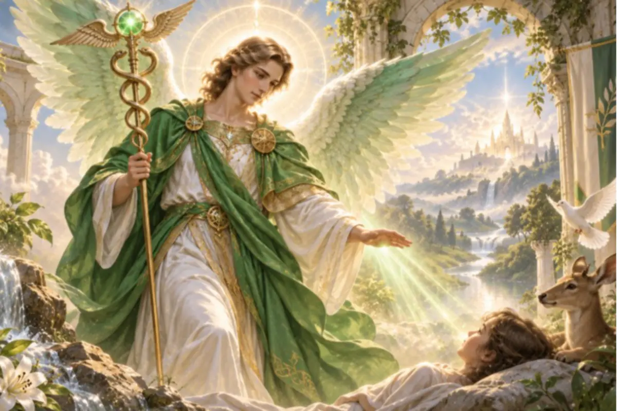 Green-winged angel in a white robe blessing a child lying next to a deer in a heavenly landscape filled with light and waterfalls Green-winged angel in a white robe blessing a child lying next to a deer in a heavenly landscape filled with light and waterfalls