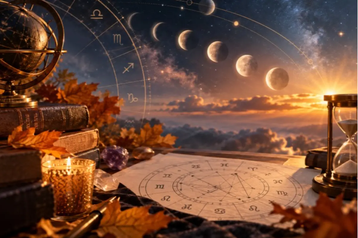 Table with birth charts, ancient books, a candle, and an hourglass in front of a sunset sky with moon phases and zodiac symbols