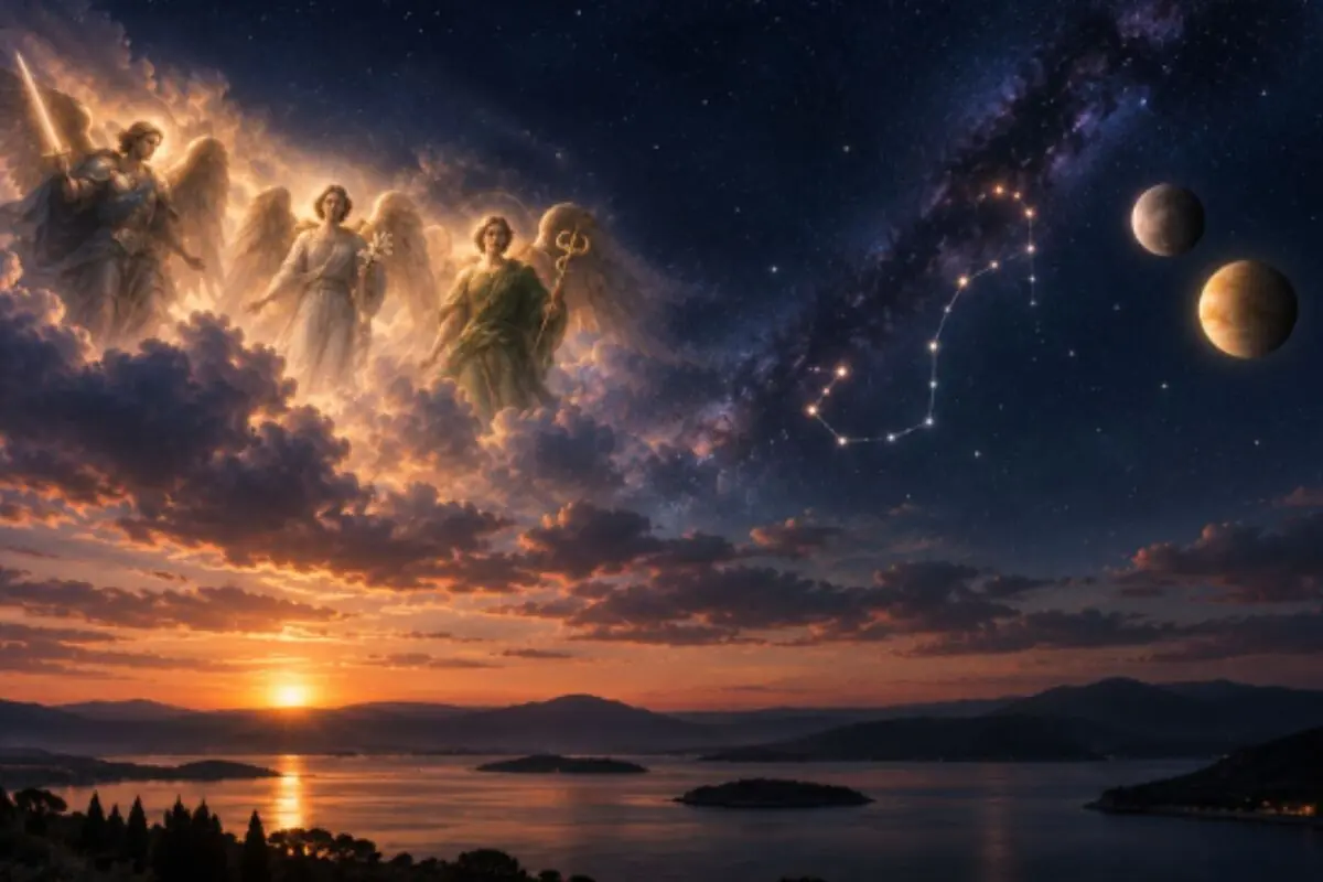 Sunset landscape over a lake with islands and mountains, a starry sky with a bright constellation and two planets, and three luminous angels among the clouds watching the scene. Sunset landscape over a lake with islands and mountains, a starry sky with a bright constellation and two planets, and three luminous angels among the clouds watching the scene.